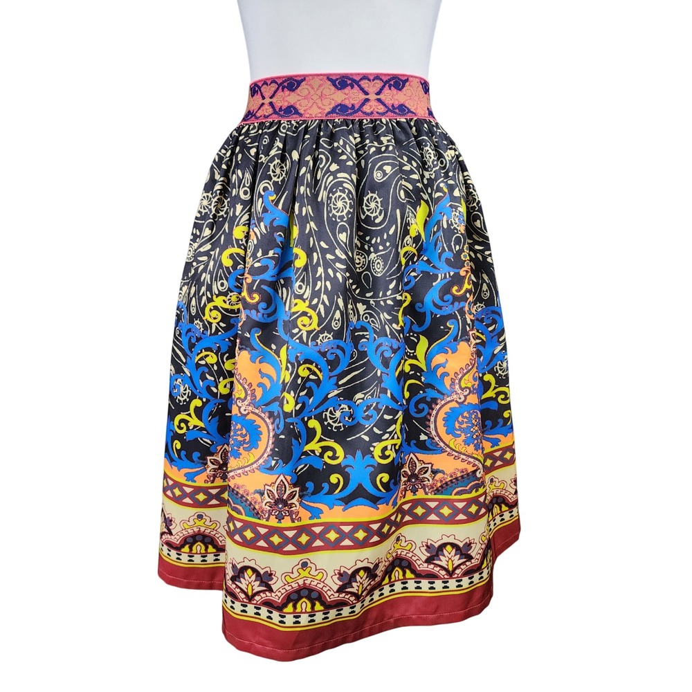 Flying Tomato A-Line Full Skirt Blue Orange Paisley‎ Elastic Waist Boho Festival